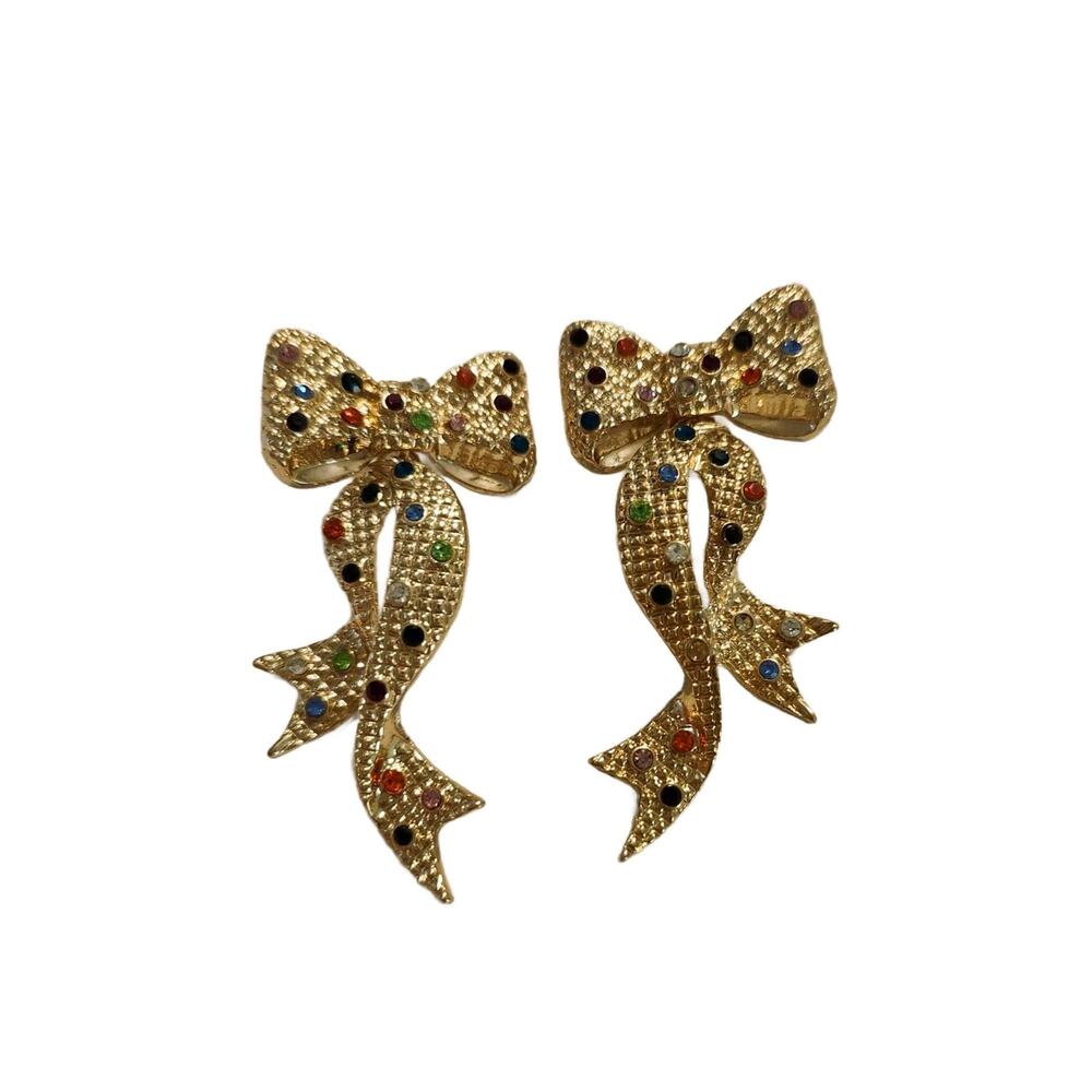 Vintage Multi Colored Crystal Bow Ribbon Earrings, Articulated, 2" Long, 1990s